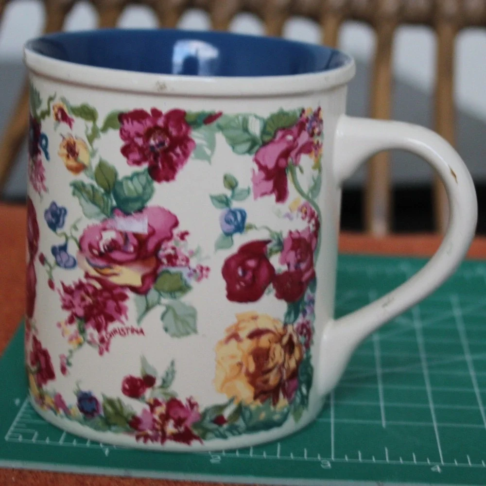 Vintage 1994 Creative Concepts Floral Rose Coffee Mug Cobalt Blue Interior Korea - Picture 1 of 5